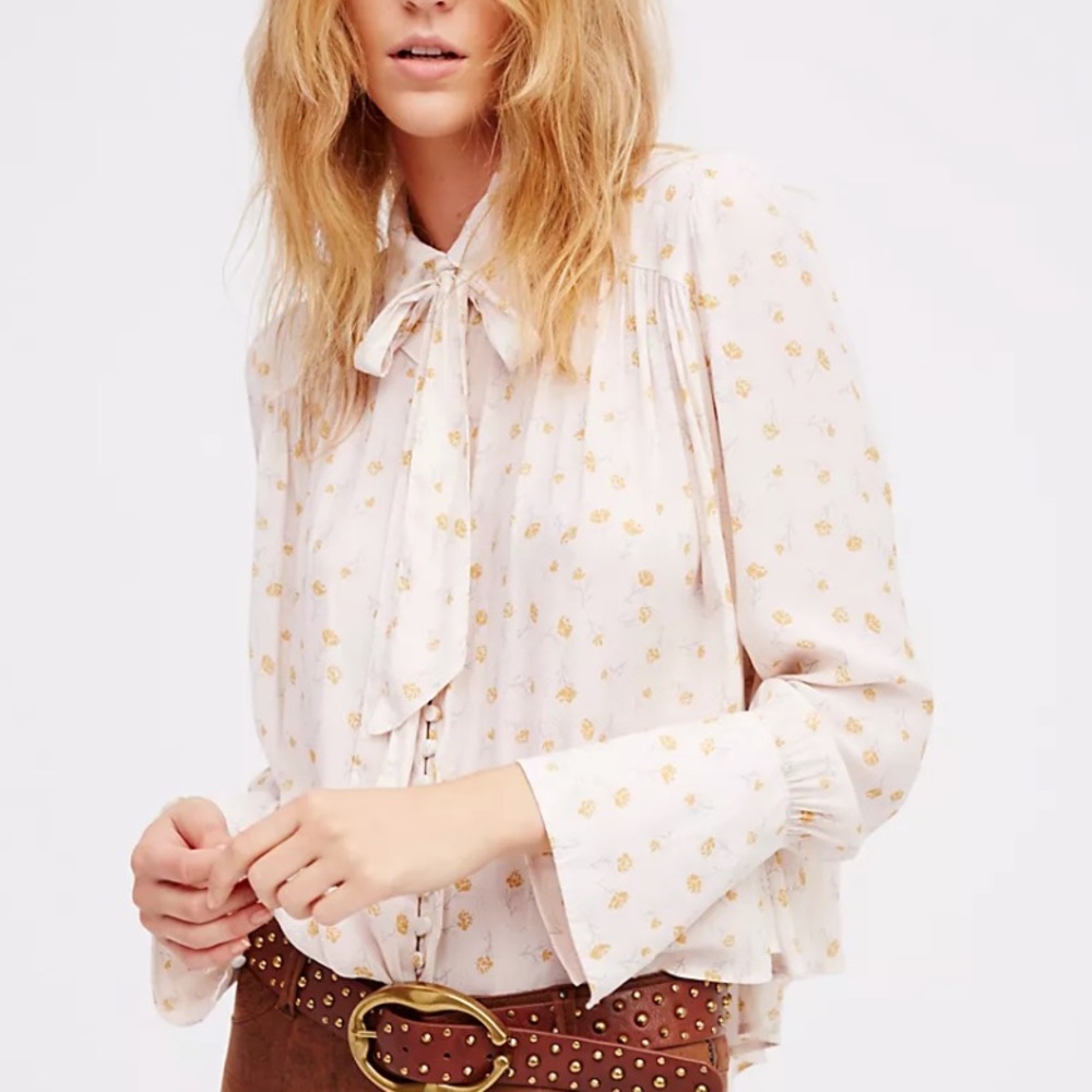 Free People Modern Muse Floral Button Up Blouse Flare Cuff Pointed Collar Cream